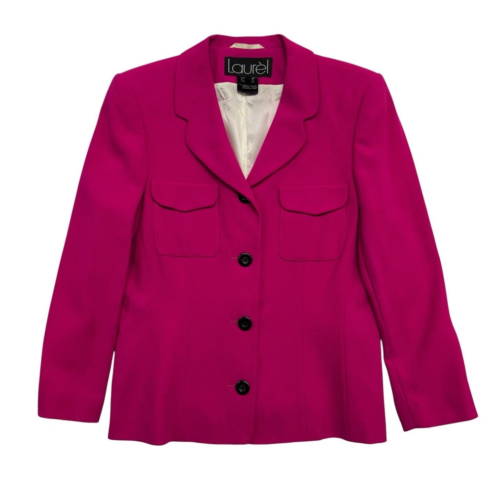 vtg Laurel Escada 38 US 8 Hot Pink Fuchsia‎ Blazer Suit Jacket 100% Wool Knit